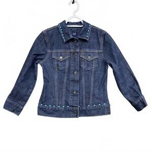 Vintage Y2K Gap Stretch Denim Jacket XS Beaded Turquoise Collar Floral Back Boho